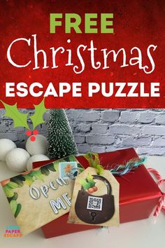 a christmas escape puzzle is shown with the words, free printables and an ornament