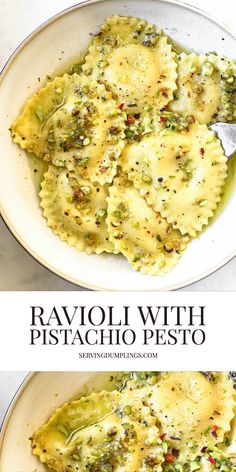 ravioli with pistachio pesto in a white bowl