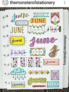 Journal Lists Ideas, June Calligraphy, Calligraphy Months, Olivia Makeup, Header Ideas, Bullet Journal Headers, Bullet Journal Ideas Templates, Creating A Bullet Journal, Bullet Journal Mood Tracker Ideas