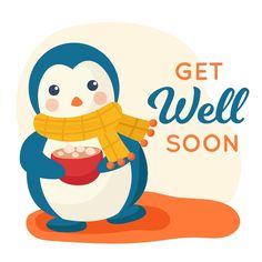 a penguin with a scarf around its neck is holding a bowl of popcorn and the words get well soon