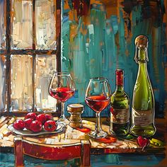 an oil painting of wine and fruit on a table with a window in the background