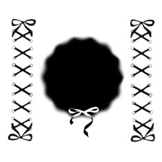 a black and white photo frame with bows on it's sides, in the center is an image of a circle that appears to be surrounded by ribbons