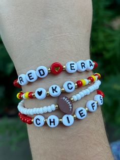 Perfect Bracelets for Any Chiefs Fan! Made from quality Czech glass beads and plastic letter beads. Some bracelets have galvanized gold beads between the letters.  We offer sizes 6"-8". There's a sizing chart located in our photos to help you decide which size to order. If you are needi  by a more personalized size, please message us before ordering so we can better assist you! We do provide the option to personalize these bracelets! You can choose to replace any of the options with lettering be Kansas City Chiefs Jewelry, Football Bracelet, Plastic Letters, Kc Chiefs, Spring Hill, Jewelry Making Ideas, Letter Beads, Bracelets Handmade Beaded, Diy Crafts Jewelry