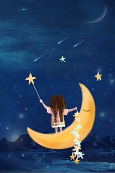 Slaap Lekker, Good Night Greetings, Beautiful Moon, Night Art, On The Moon, Cartoon Images, Art And Illustration, Girls Cartoon Art, Moon Art