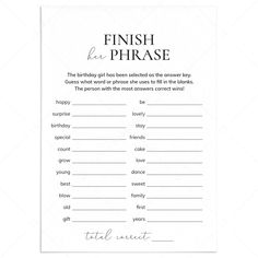 Group Birthday Party Game Finish Her Phrase Printable by LittleSizzle Finish The Phrase Game, Finish My Phrase Game, Word Games For Adults, Group Ice Breakers, Fun Icebreaker Games, Icebreaker Games, Random Games, Fun Icebreakers, Baby Shower Wishes