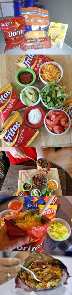 there are many different plates of food on the table and in front of each other