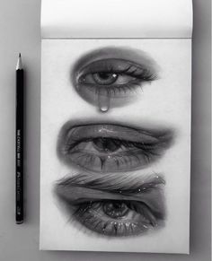 a pencil drawing of three different eyes