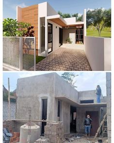 two pictures of a house being built and the same photo is taken from different angles