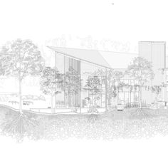 an architectural drawing of a building with trees in the background