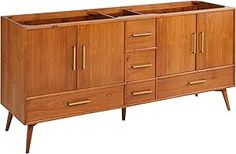 a large wooden cabinet with two sinks on it's sides and three drawers in the middle