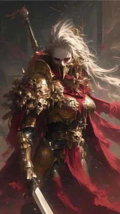 Warhammer 40k Inquisitor, Tattered Cloak, Golden Armor, Two Swords, Long White Hair, Roleplay Characters, Human Anatomy Art