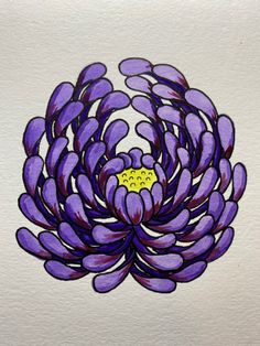 a drawing of a purple flower with yellow center surrounded by smaller purple flowers on white paper