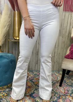 Basic Needs White Flare Pants-Shop-Womens-Boutique-Clothing White Stretch Flare Jeans, Chic White Stretch Flare Jeans, Trendy White Stretch Flare Jeans, White Stretch Flare Jeans For Spring, Spring White Stretch Flare Jeans, Chic White Flare Bottoms, Trendy White High-rise Flare Jeans, Chic White Flare Pants, White Stretch Casual Flare Jeans