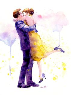 a watercolor painting of two people hugging each other