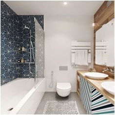 a modern bathroom with blue and white decor