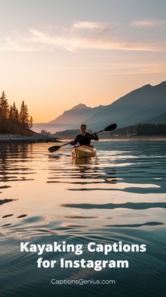 Image shows a serene scene of a kayaker paddling on a calm lake at sunset, with mountains and trees in the background. The text "Kayaking Captions for Instagram" is displayed in bold white font. The image captures a peaceful and adventurous vibe, ideal for Instagram users sharing outdoor water activities. The colors of the sunset reflected in the water add warmth, emphasizing the tranquility of the moment. Kayak Pictures, Kayaking Quotes, Sunset Captions, Animal Captions, Travel Captions, Kayak Adventures