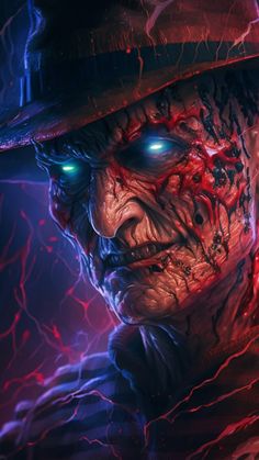 an evil looking man with glowing eyes and red hair wearing a fedora in the dark