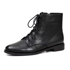 PRICES MAY VARY. Handmade Heel measures approximately 1" comfortable Non-slip and wear-resistant Womens lace-up leather ankle booties Black Lace Up Boots Women, Lace Up Black Boots, Womens Black Boots Flat, Faux Fur Heels, Black Flat Boots, Lace Up Boots Women, Black Lace Up Boots, Womens Combat Boots, Shoe Ideas