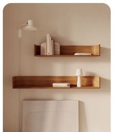 two wooden shelves on the wall with books and other items in front of each shelf