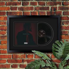 a brick wall with a black frame holding a single album on it and a plant in front of it