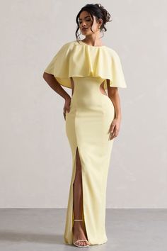 Isadora Pastel Yellow Cut-Out Split Maxi Dress With Cape – Club L London - USA Wedding Features, Romantic Maxi Dress, Dress With Cape, Midi Bridesmaid Dress, Club L London, Leg Split, Party Dress Long Sleeve, Split Maxi Dress, Black Sequin Dress