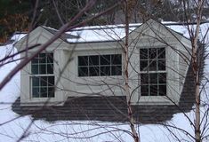 a window on the side of a house in the snow with no leaves or branches