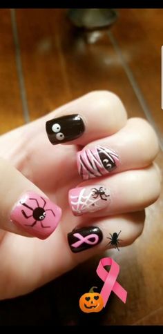 Pink October Nail Art, Halloween Nail Designs Pink And Black, Pretty Halloween Nails Pink, October Pink Nails, Pink Halloween Nails Short, Pink Halloween Nail Designs, Pink And Black Halloween Nails, Pink Pumpkin Nails, Pink Spooky Nails