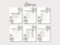 four baby shower games with bubbles and dots on the front, one for each child