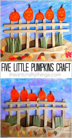 paper pumpkins on a fence with the words five little pumpkins craft above it