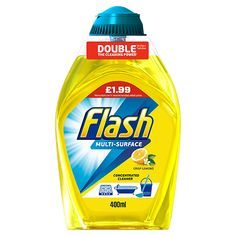 a bottle of flash multi - surface cleaner with lemon scent on the front and blue cap