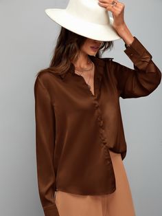 Silk Shirt Outfit, Brown Blouse, Satin Long Sleeve, Satin Top, Dressy Casual