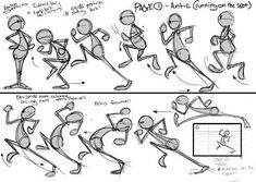 some sketches of people doing different things in the same direction, including running and walking