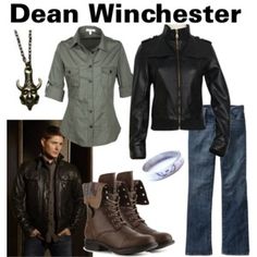 a man in black jacket and jeans standing next to a white sign that says dean winchester