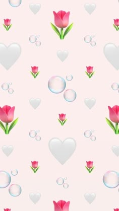 pink tulips with bubbles and hearts on a light pink background seamless wallpaper