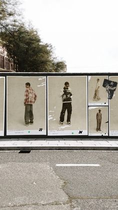 an advertisement on the side of a street with pictures of people in different outfits and clothes