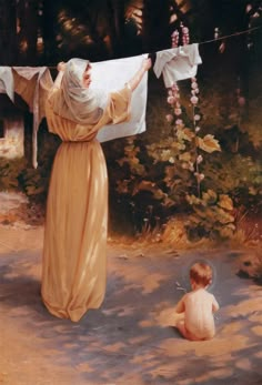 a painting of a woman hanging clothes on a line next to a baby sitting down