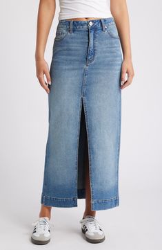 1822 Denim Front Slit Denim Maxi Skirt | Nordstrom Skirt With Sambas, Denim Skirts Online, Long Jean Skirt, Steve Madden Store, Blue Denim Skirt, Denim Maxi, Denim Pencil Skirt, Denim Maxi Skirt, Denim Midi Skirt