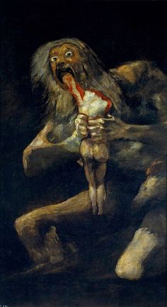 a painting of a man holding a severed animal