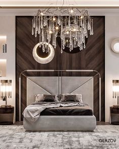 a modern bedroom with chandelier and bed