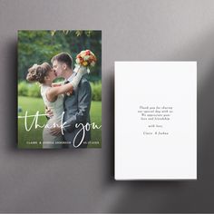 a wedding thank card with an image of a bride and groom kissing on the forehead