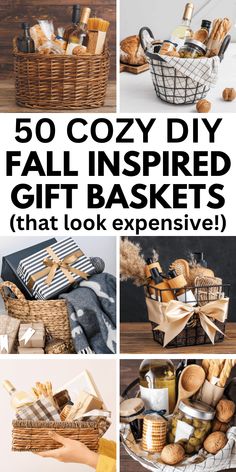 some baskets filled with different types of items and text that reads 50 cozy diy fall inspired gifts that look expensive