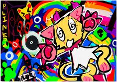 an abstract painting with lots of colors and shapes on the wall, including a cartoon character