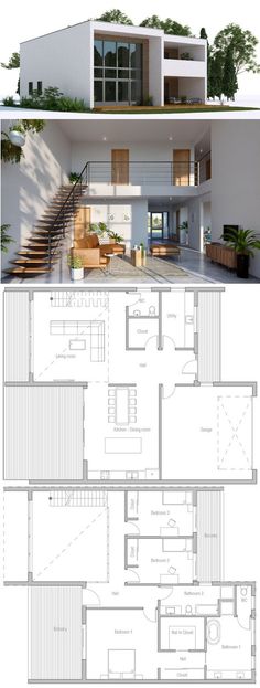 the floor plan and elevation view of a modern house with two levels, one level is open