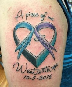 a couple of blue and purple ribbon tattoos on the arm