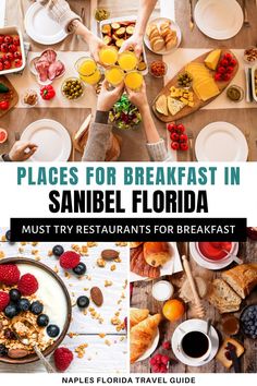 people eating breakfast at a table with the words places for breakfast in sanibe florida