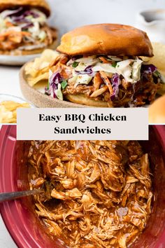 easy bbq chicken sandwiches with coleslaw and potato chips on the side in a red bowl