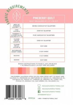 the label for pineberry quiltt sewing thread in pink, green and yellow colors