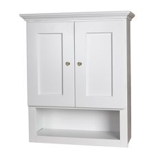 a white cabinet with two doors and shelves