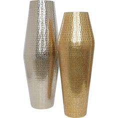 two metallic vases sitting next to each other on a white background, one gold and the other silver