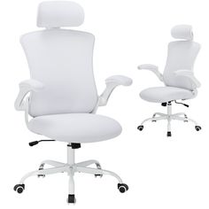 two white office chairs sitting next to each other